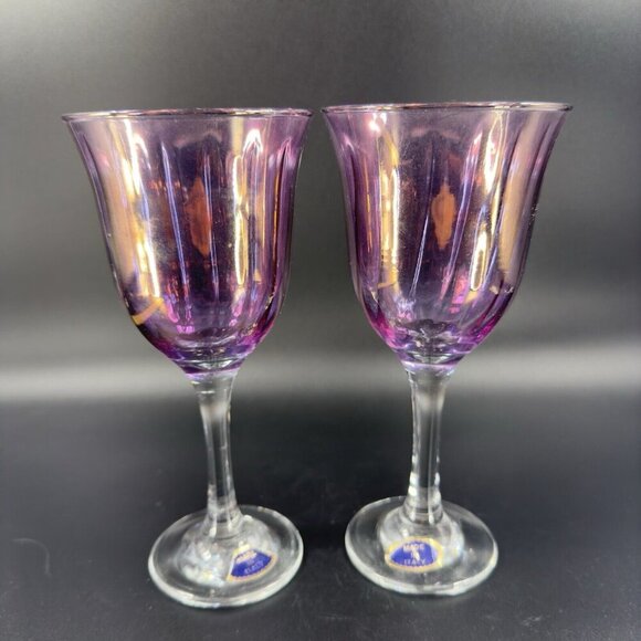 Italian Amethyst Iridescent Glass Goblet Drinking Glasses Cups Made Italy Set 2 - Picture 11 of 14